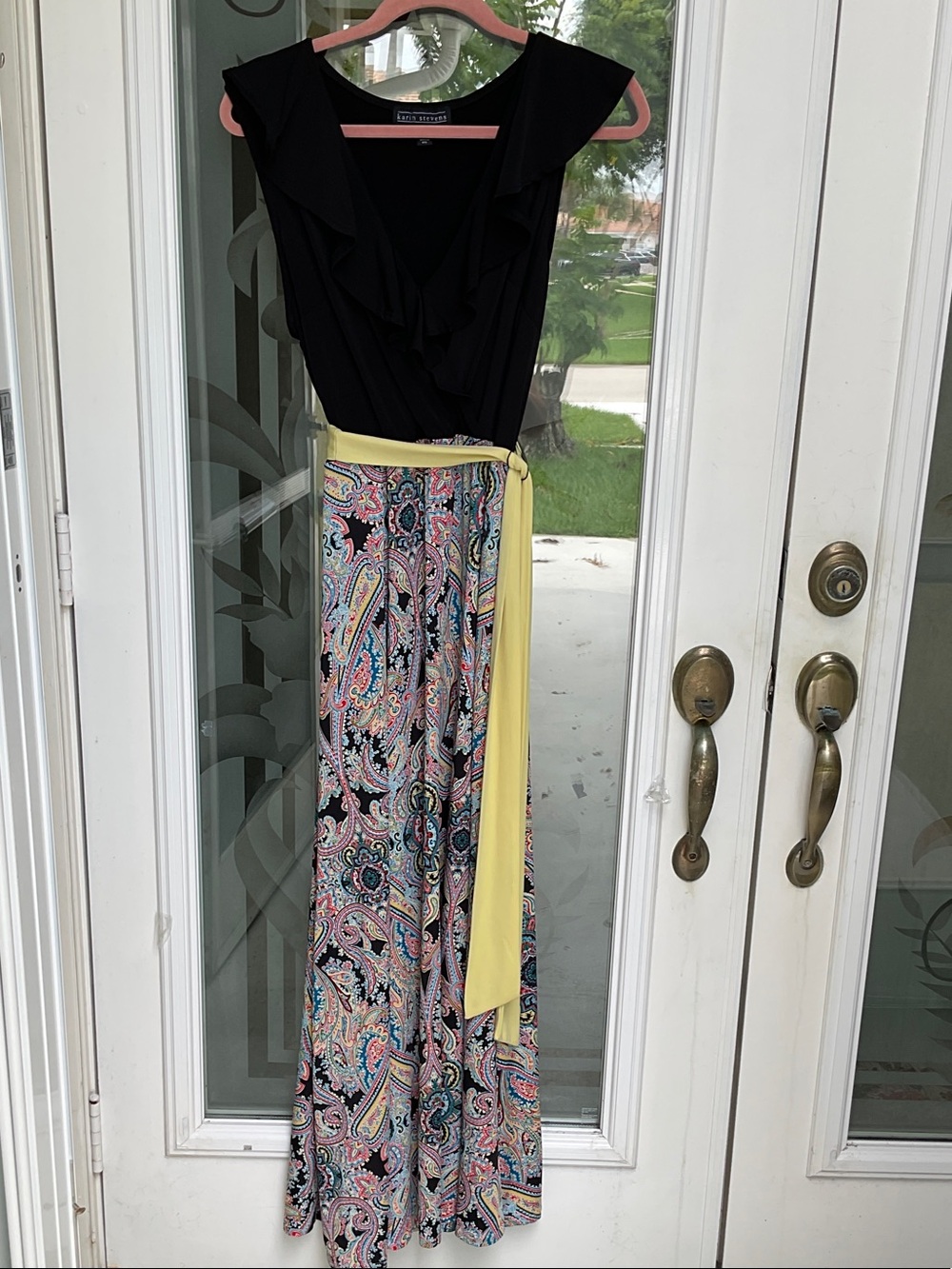 karin stevens Black Ruffle-Front Dress with Paisley Skirt and Yellow Sash
